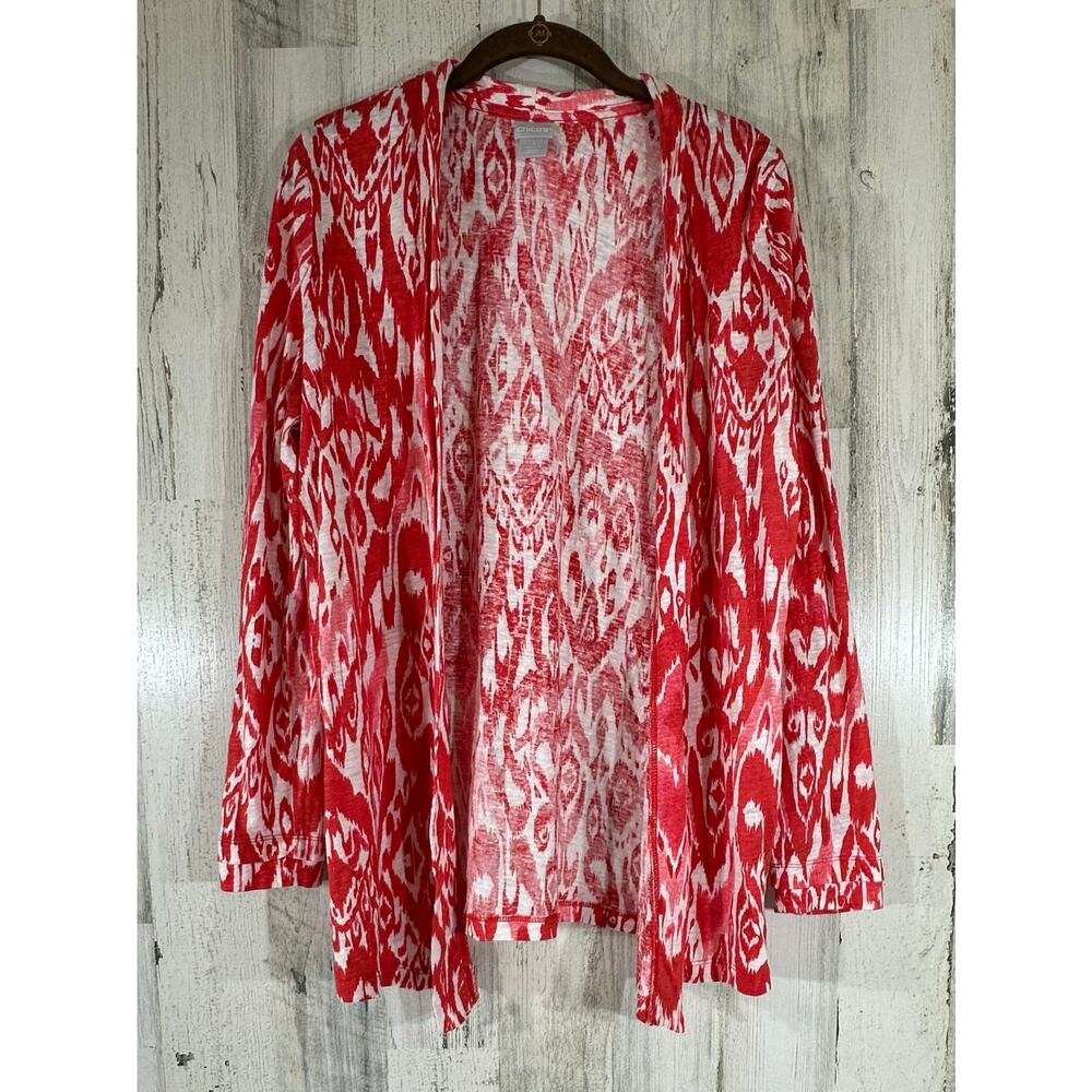 Chicos Cardigan‎ Size 1 or Medium 100% Linen Coral Red Ikat Print Open Front